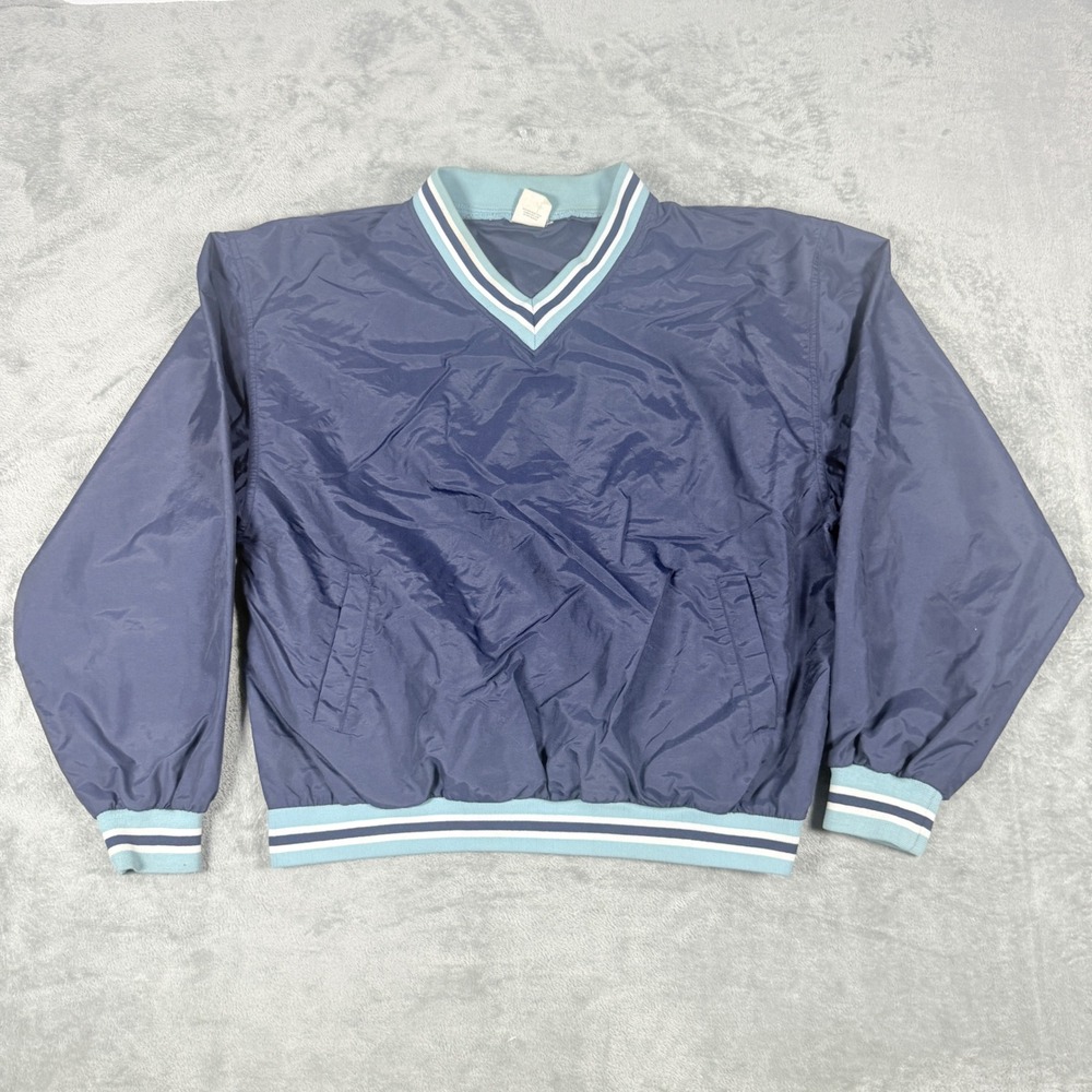 Vintage Old Navy Mens Large Windbreaker Navy Blue V-Neck Striped Trim Y2K
